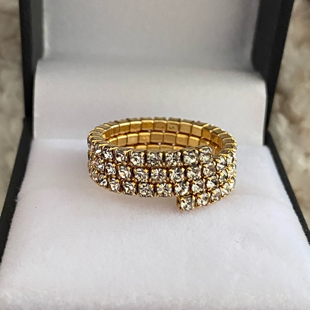 Three Rows Rhinestone Crystal Tennis Stretch Band Ring - Picture 2 of 12